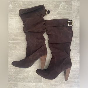 Brown Suede Heeled Slouch Boots, Size 8.5